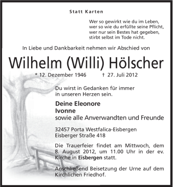 Anzeige von Wilhelm Hölscher von Mindener Tageblatt