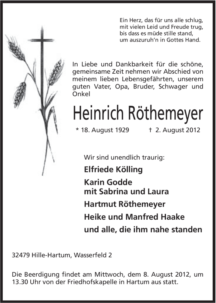  Traueranzeige für Heinrich Röthemeyer vom 04.08.2012 aus Mindener Tageblatt