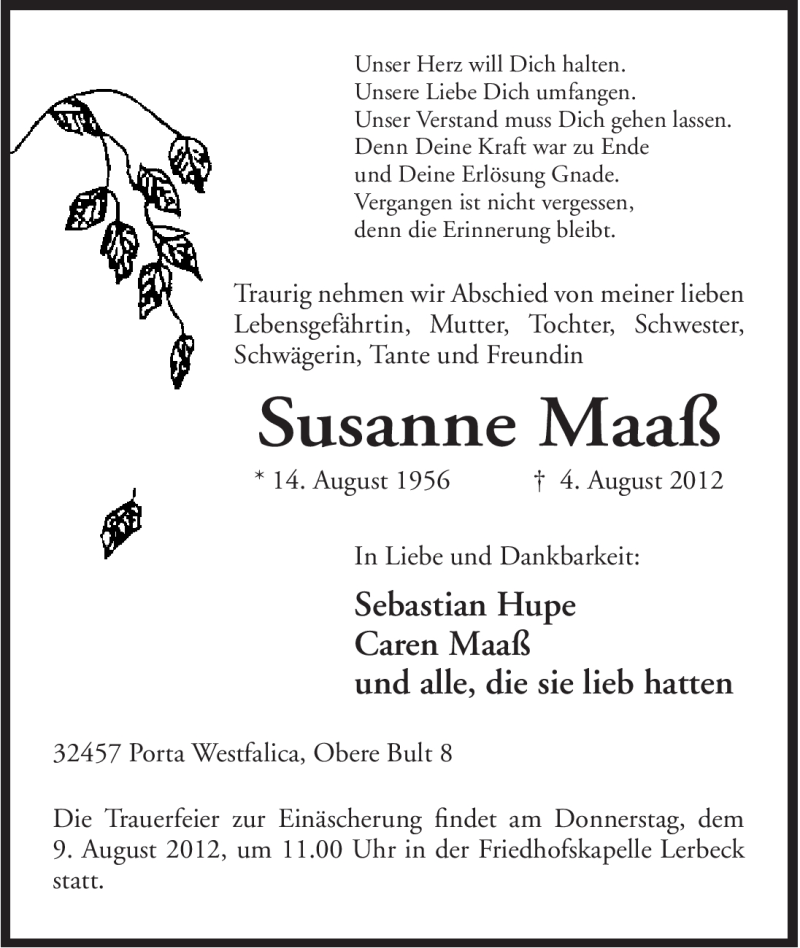  Traueranzeige für Susanne Maaß vom 07.08.2012 aus Mindener Tageblatt