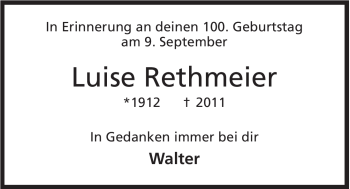 Anzeige von Luise Rethmeier von Mindener Tageblatt