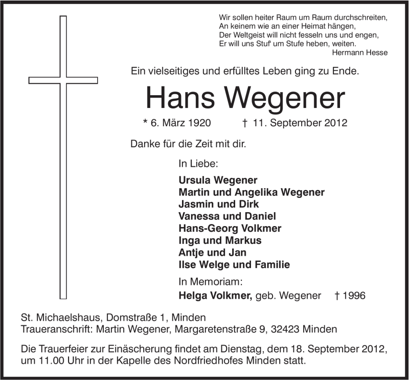  Traueranzeige für Hans Wegener vom 13.09.2012 aus Mindener Tageblatt