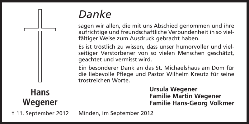  Traueranzeige für Hans Wegener vom 29.09.2012 aus Mindener Tageblatt
