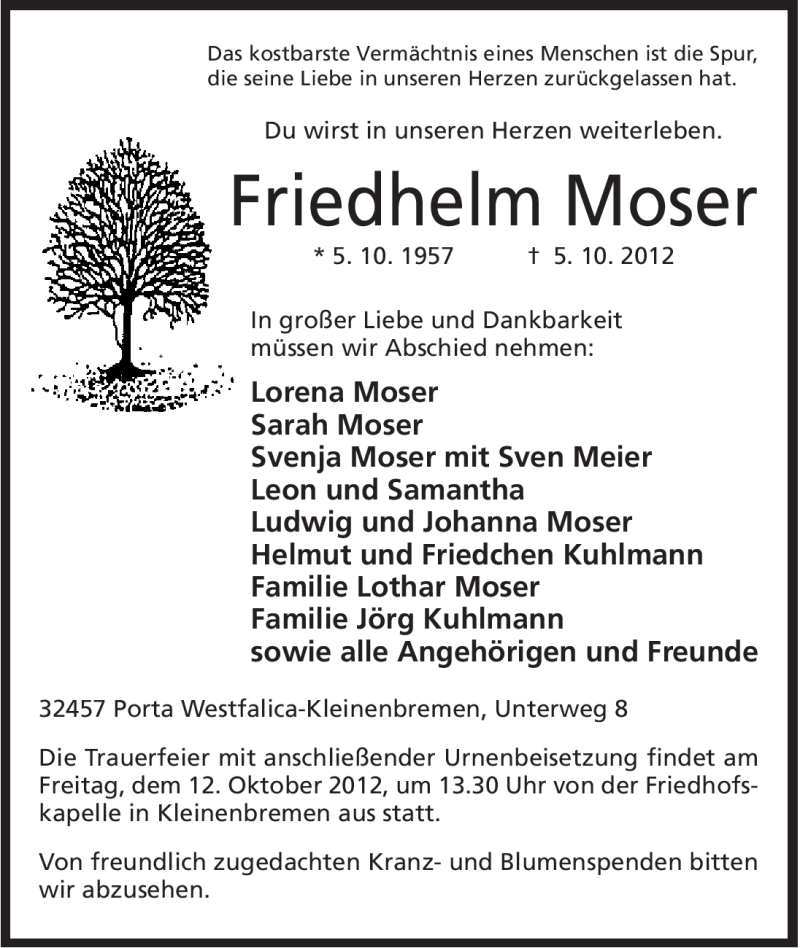  Traueranzeige für Friedhelm Moser vom 08.10.2012 aus Mindener Tageblatt