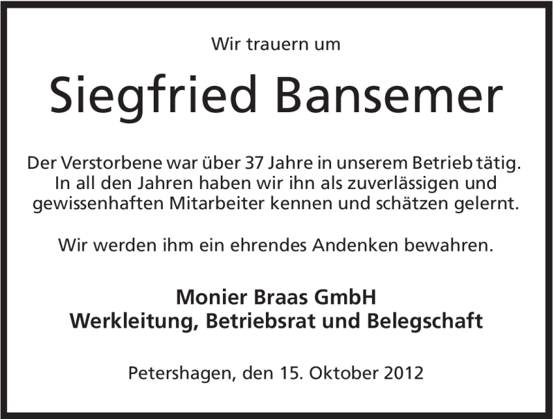  Traueranzeige für Siegfried Bansemer vom 15.10.2012 aus Mindener Tageblatt