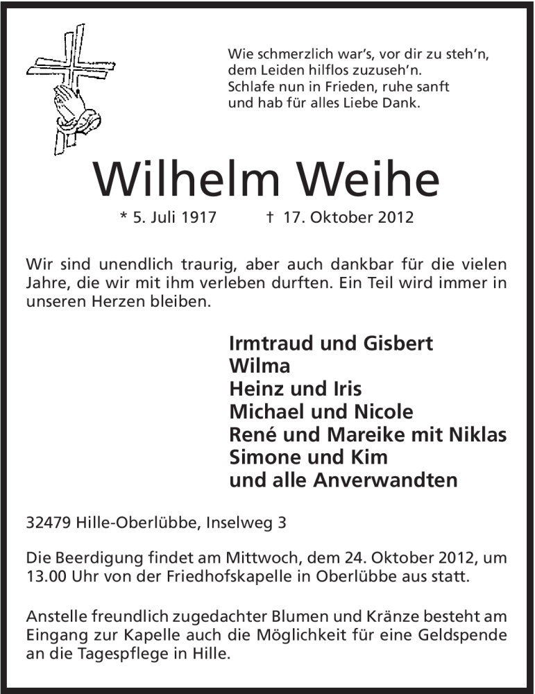  Traueranzeige für Wilhelm Weihe vom 20.10.2012 aus Mindener Tageblatt