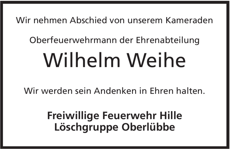  Traueranzeige für Wilhelm Weihe vom 20.10.2012 aus Mindener Tageblatt