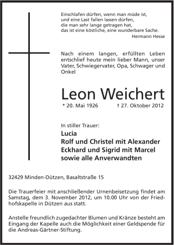 Anzeige von Leon Weichert von Mindener Tageblatt