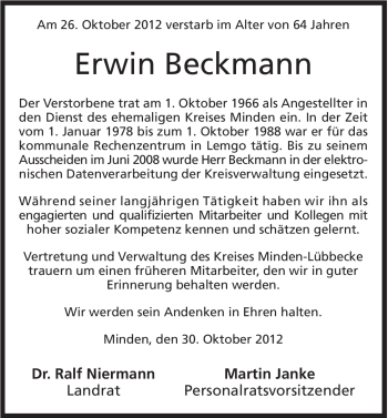 Anzeige von Erwin Beckmann von Mindener Tageblatt