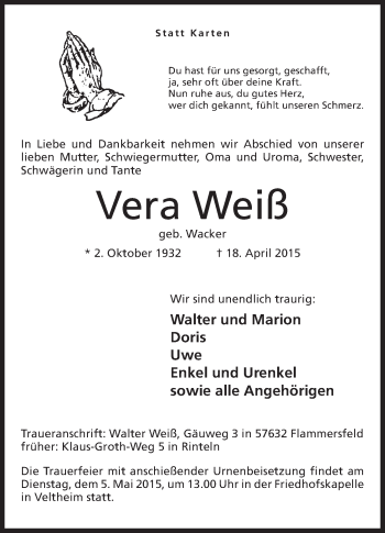 Anzeige von Vera Weiß von Mindener Tageblatt