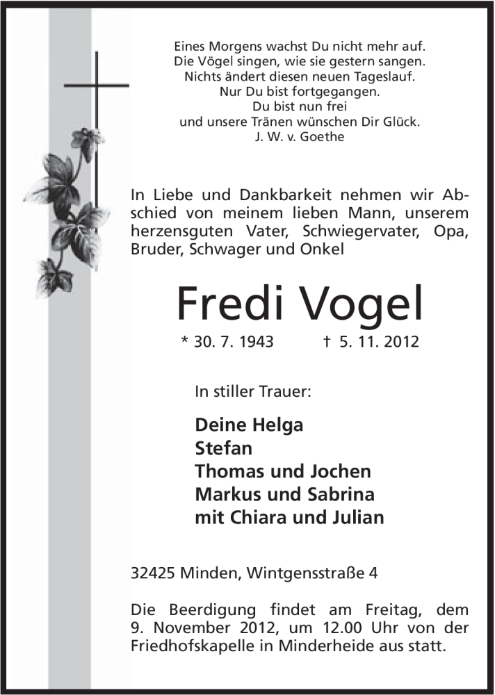  Traueranzeige für Fredi Vogel vom 07.11.2012 aus Mindener Tageblatt