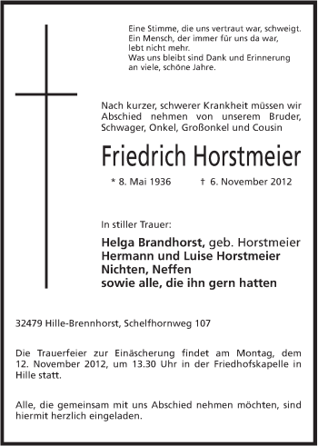 Anzeige von Friedrich Horstmeier von Mindener Tageblatt