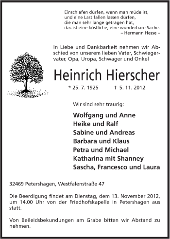 Anzeige von Heinrich Hierscher von Mindener Tageblatt