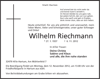 Anzeige von Wilhelm Riechmann von Mindener Tageblatt