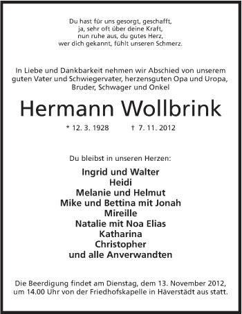 Anzeige von Hermann Wollbrink von Mindener Tageblatt