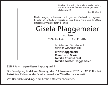 Anzeige von Gisela Plaggemeier von Mindener Tageblatt