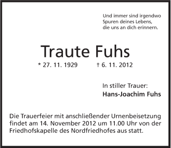 Anzeige von Traute Fuhs von Mindener Tageblatt