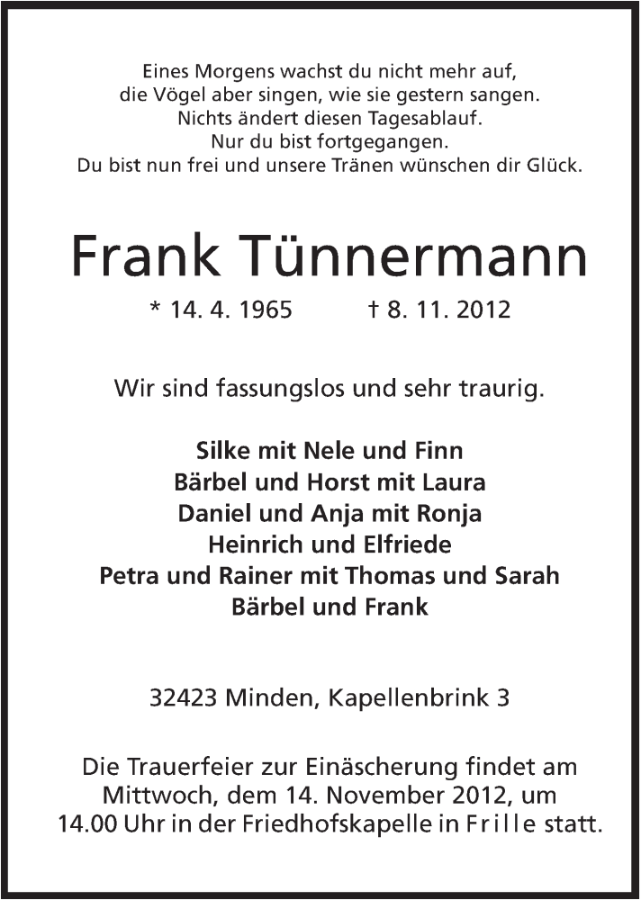  Traueranzeige für Frank Tünnermann vom 10.11.2012 aus Mindener Tageblatt