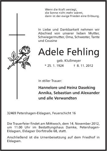 Anzeige von Adele Fehling von Mindener Tageblatt