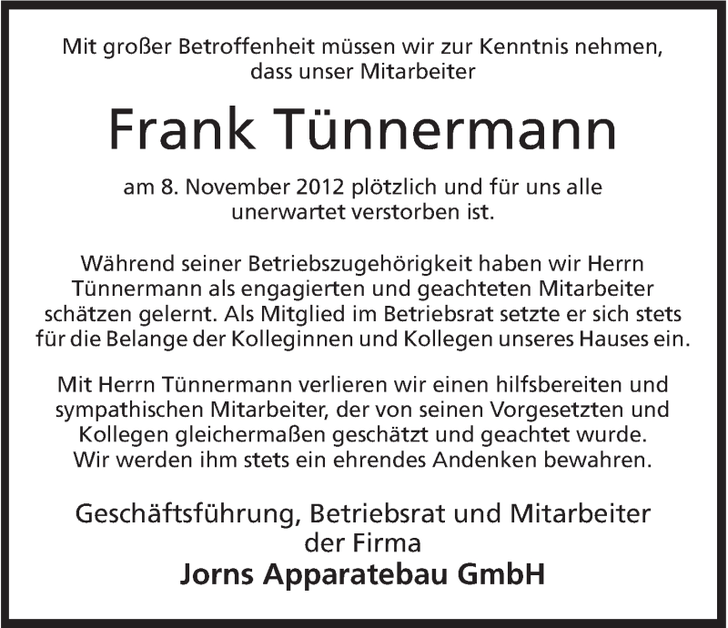  Traueranzeige für Frank Tünnermann vom 10.11.2012 aus Mindener Tageblatt