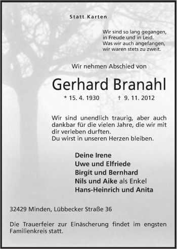 Anzeige von Gerhard Branahl von Mindener Tageblatt