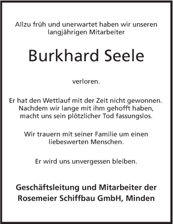 Anzeige von Burkhard Seele von Mindener Tageblatt