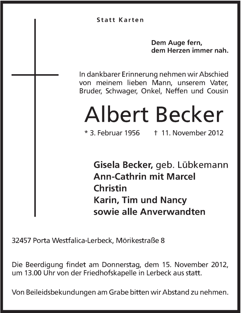  Traueranzeige für Albert Becker vom 13.11.2012 aus Mindener Tageblatt