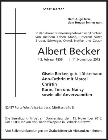 Anzeige von Albert Becker von Mindener Tageblatt