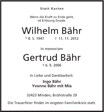 Anzeige von Wilhelm Bähr von Mindener Tageblatt