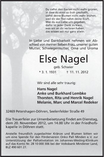 Anzeige von Else Nagel von Mindener Tageblatt