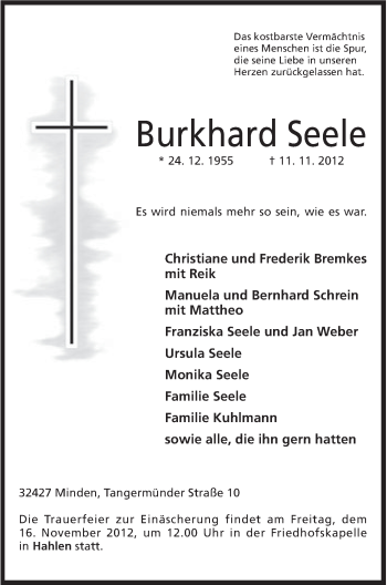 Anzeige von Burkhard Seele von Mindener Tageblatt