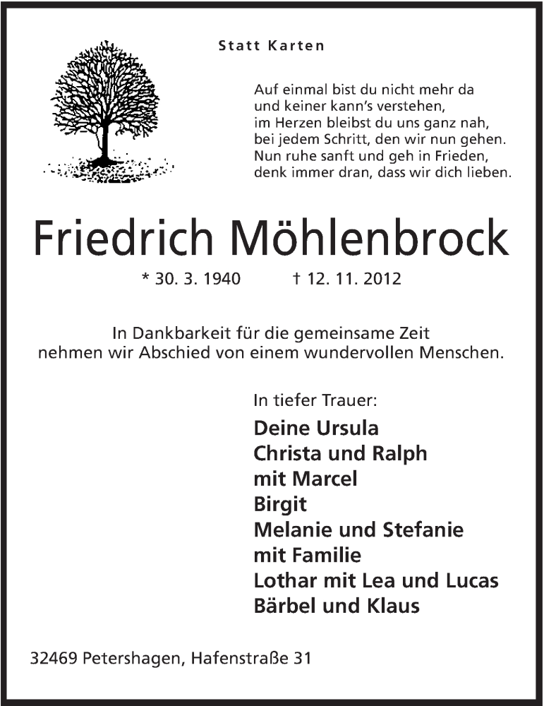  Traueranzeige für Friedrich Möhlenbrock vom 14.11.2012 aus Mindener Tageblatt