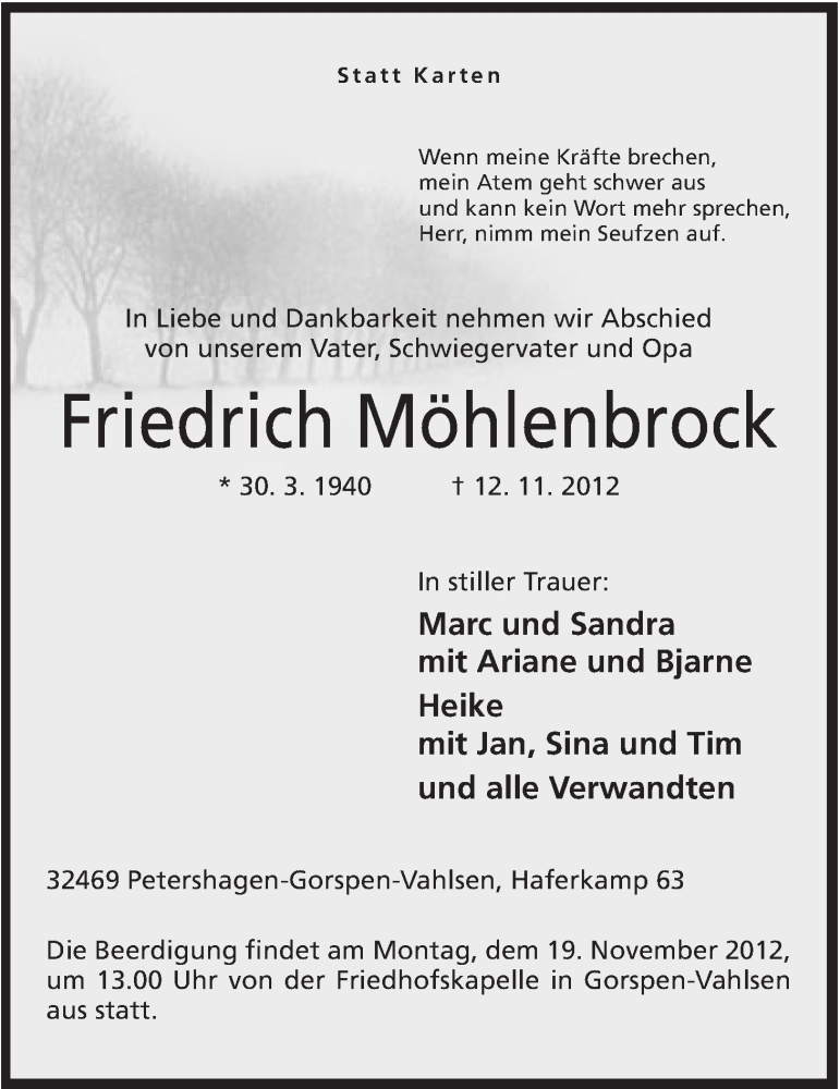  Traueranzeige für Friedrich Möhlenbrock vom 14.11.2012 aus Mindener Tageblatt