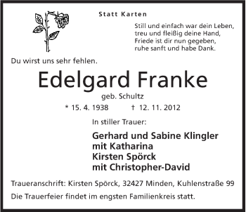 Anzeige von Edelgard Franke von Mindener Tageblatt