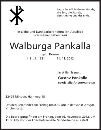 Anzeige von Walburga Pankalla von Mindener Tageblatt