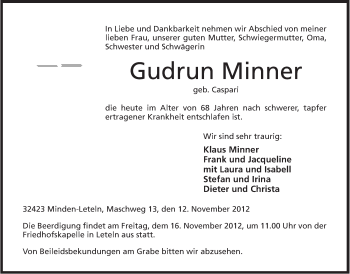 Anzeige von Gudrun Minner von Mindener Tageblatt