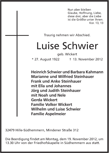Anzeige von Luise Schwier von Mindener Tageblatt