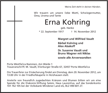 Anzeige von Erna Kohring von Mindener Tageblatt
