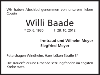 Anzeige von Willi Baade von Mindener Tageblatt