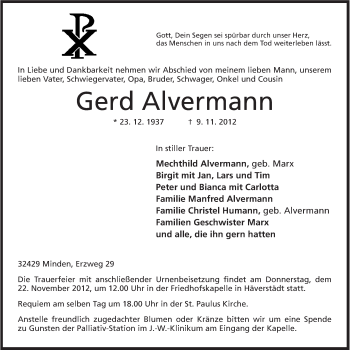 Anzeige von Gerd Alvermann von Mindener Tageblatt
