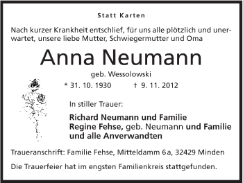 Anzeige von Anna Neumann von Mindener Tageblatt
