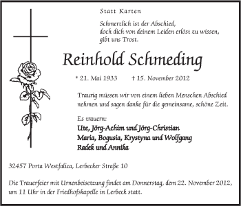 Anzeige von Reinhold Schmeding von Mindener Tageblatt