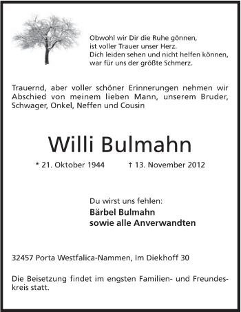Anzeige von Willi Bulmahn von Mindener Tageblatt