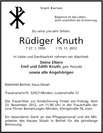 Anzeige von Rüdiger Knuth von Mindener Tageblatt