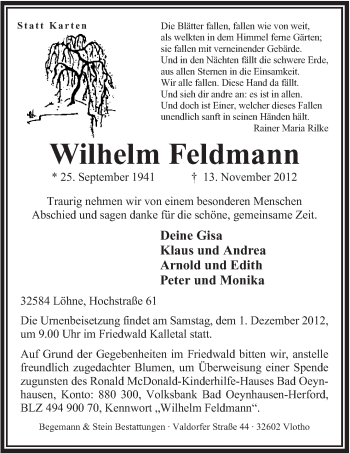 Anzeige von Wilhelm Feldmann von Mindener Tageblatt