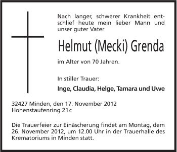 Anzeige von Helmut Grenda von Mindener Tageblatt
