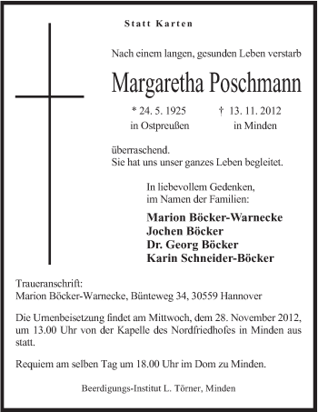 Anzeige von Margaretha Poschmann von Mindener Tageblatt