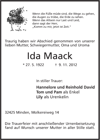 Anzeige von Ida Maack von Mindener Tageblatt