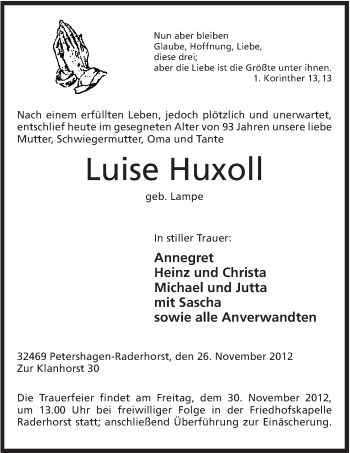 Anzeige von Luise Huxoll von Mindener Tageblatt