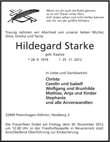Anzeige von Hildegard Starke von Mindener Tageblatt