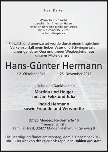 Anzeige von Hans-Günter Hermann von Mindener Tageblatt